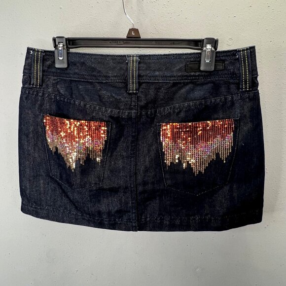 Express Jeans Mini Skirt 8 Dark Wash Metallic Blue Sequin Ombre Drip Barely Worn - Picture 1 of 7